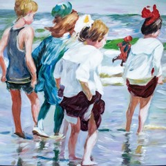 Children Scroll Down to the California Beach Scene Oil Painting 36″W x 24″L