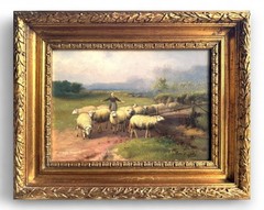 Oil Painting on Wood: Rustic Sheep Herding Scene with new Frame | Mid-20th Cent