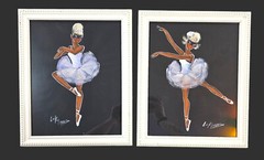 (x2) Luky Paris Vintage Black Velvet Dancers Original Paintings Pair Framed MCM