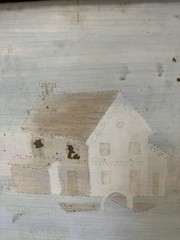 Vintage Painting on Glass Red & White House on Blue Stream with Trees 13″ x 11″