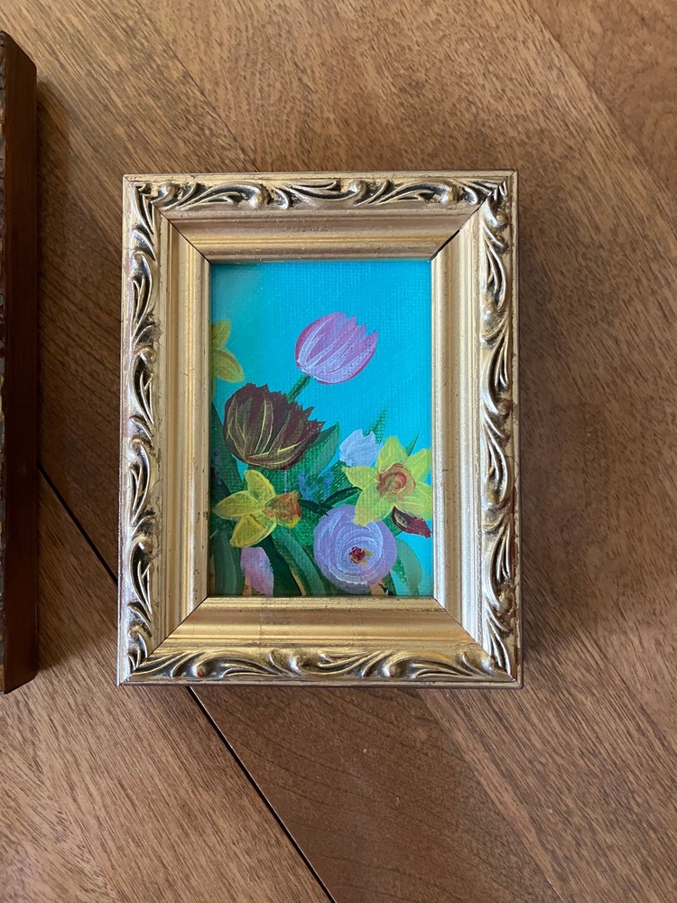 Original Small Acrylic Painting, Vtg Gold Frame; Teal Floral; Signed on Back