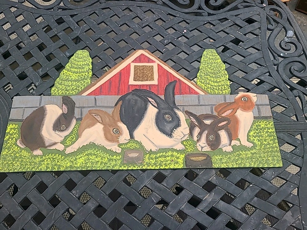 Large Original Menno Shirk Folk Art Painting On Wood 12″ X 24″ Barn With Rabbits