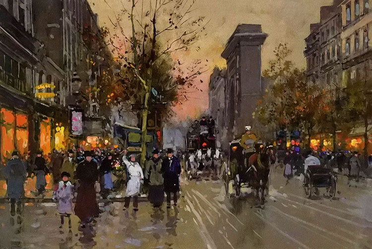Oil painting porte saint martin figures in street scene art hand painted canvas