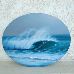 Blue Ocean wave Oval Seascape Oil Painting Original Canvas Art 16×20″ Stormy Sea