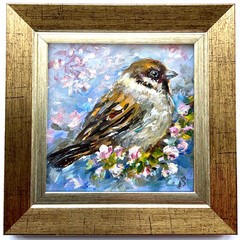 Sparrow Original Oil Painting Bird Impasto Small Wall Mini Art 4x4in Signed