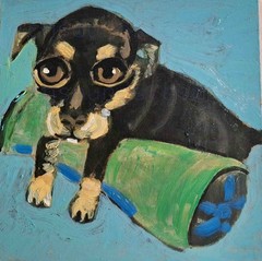 Original chihuahua dog oil painting on wood panel, signed on the back