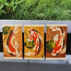 Koi Fish Painting Set Japanese Carp Original Art Miniature Triptych 3x2in Pond