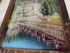 Vtg Asian Reverse Foil Painting On Glass Carved Wood Frame Tinsel Painting