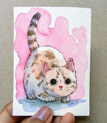 ACEO Original Watercolor Art Playful Tabby Cute Kitten on Pink Background OOAK