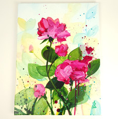 Flowers Rose Garden Original Art Painting on Canvas 12×16 Acrylic Pink Yellow