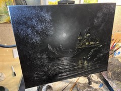 Dark Gothic Castle Original Oil Painting Moonlit Mountain Mystical Landscape Art