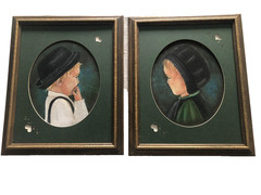 Pair of vintage oil on canvas board portrait of amish children matted framed