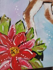 Original Art Painting Christmas Baby Doe Deer And Blue Bird Poinsettia 8×10″