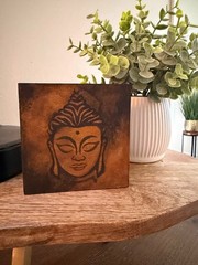 Small Art Contemporary Abstract Buddha Painting on Wood Panel Shelf Sitter