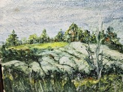 Vtg Original Painting on Board Landscape Trees Rolling Hills Meadow Flowers