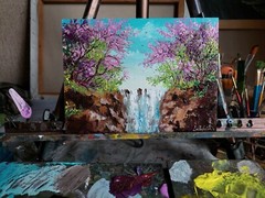 Blossoming Spring Sakura Painting. Delicate cherry branches blossom waterfall