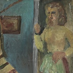 Vintage Outsider Interior with Two Figures (c. 1950, Oil on Board)