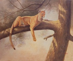 Vintage Cougar Mountain Lion Oil Painting on Canvas – Wildlife Art Wall Decor