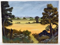 12″ Oil Painting Canvas Panel Lea Mikel Old Americana Landscape Trees #59