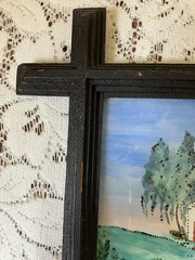 Vintage Painting on Glass Red & White House on Blue Stream with Trees 13″ x 11″