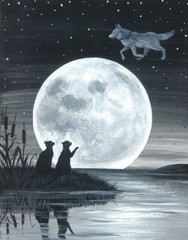 11X14 Print of painting RYTA Wolf Moon black cat Halloween pagan Celtic folk art