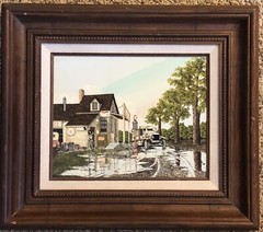VINTAGE H. HARGROVE PRINT OIL PAINTING OLD COUNTRY ROAD TEXACO GAS STATION STORE