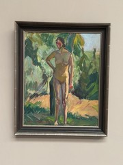 Mid Century Swedish Oil on Panel“Standing Woman” by Clara-Eva Dahlbom 43 × 36 cm