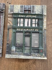 Art Plaques of French Restaurant and Wine Shop by Chiu Tak Hak, Pair 4.5″ x 6.5