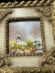 VTG Enamel On Copper Garden Scene Signed Claire Ornate Frame JMG 1974 ART