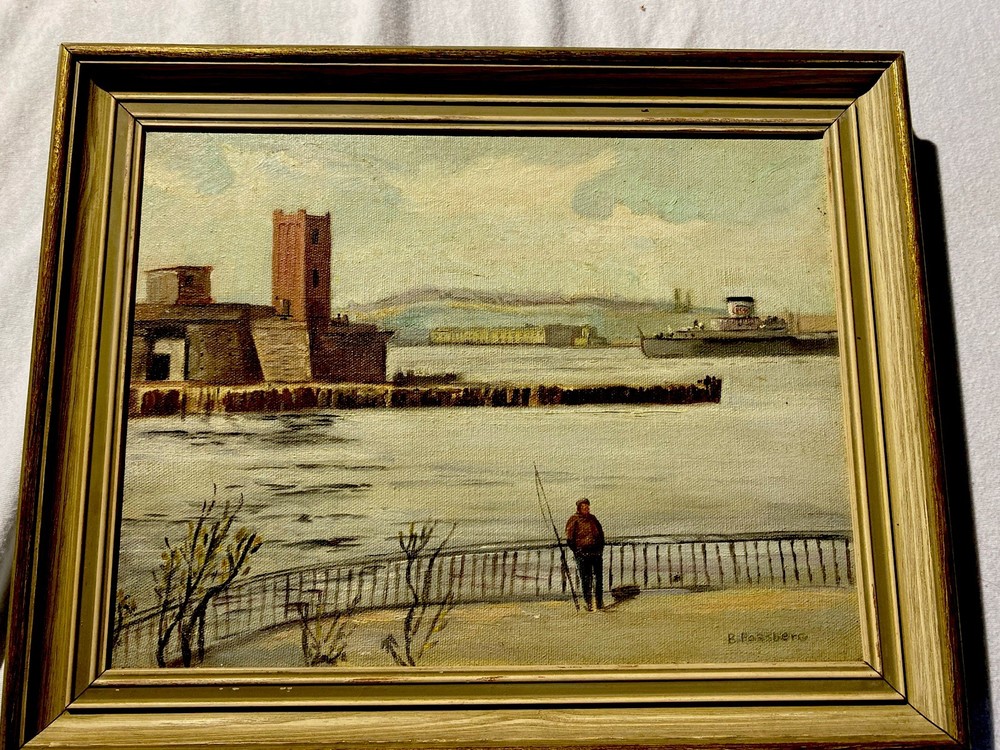 Mid-Century Oil Painting Fisherman Harbor Scandinavian B. Forsberg Artist