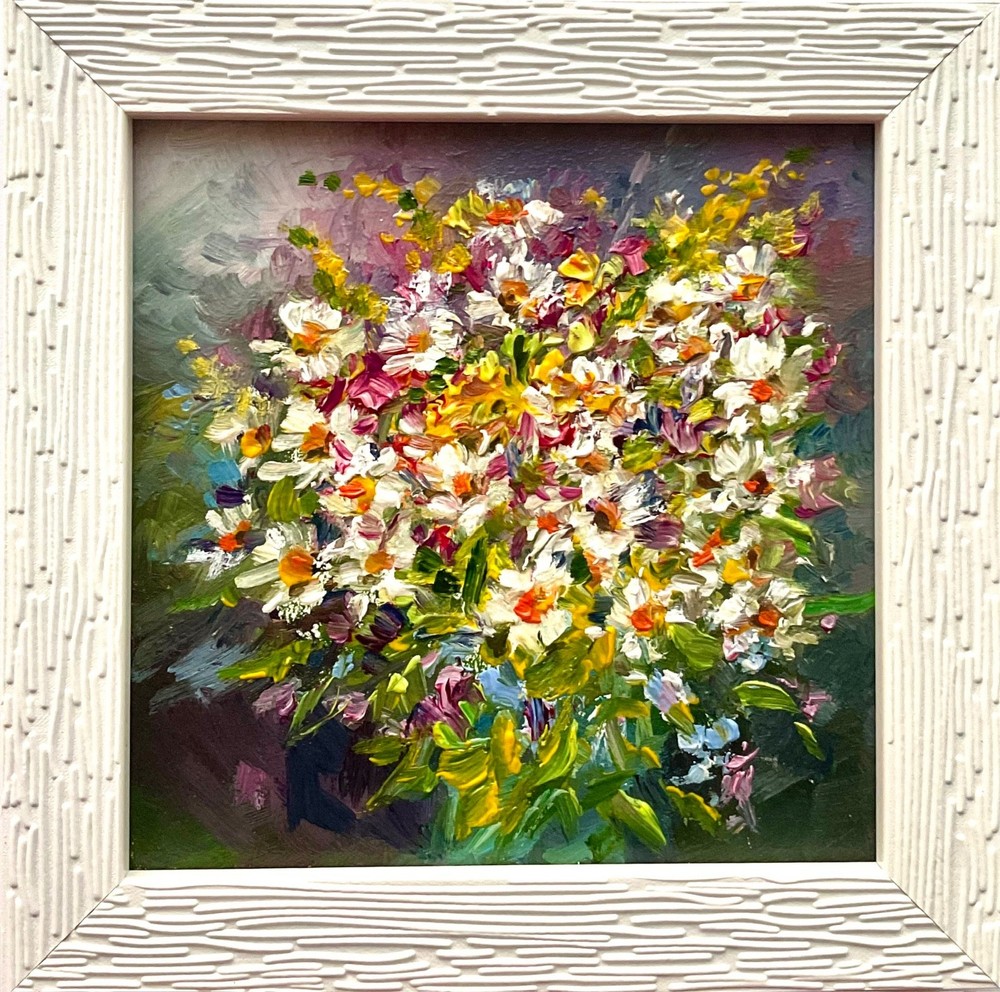 Bouquet Daisies Original Oil Painting Wildflowers Impasto Small Art 4×4 In OS
