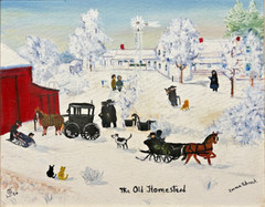 EMMA SCHROCK „THE OLD HOMESTEAD“ ORIGINAL OIL ON CANVAS PAINTING DATED 1986 SNOW