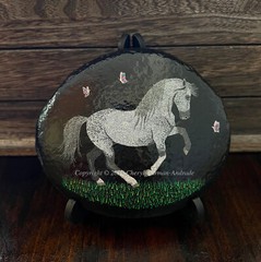 Original Pointillism Dot Painted Stone Gray Spanish Horse by Cheryl Andrade