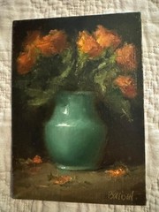 ROSES WITH GREEN VASE OIL Painting Art Floral Still Life 5×7
