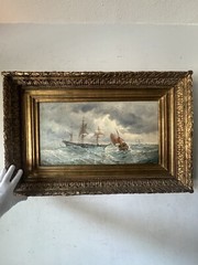 ANTIQUE 19TH CENTURY FRENCH IMPRESSIONIST OIL PAINTING OLD SEASCAPE SHIP BOAT