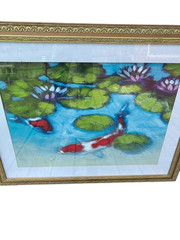 Original Oil Painting Koi Fishes Pond Water Impressionism Handpaint Framed 32X41