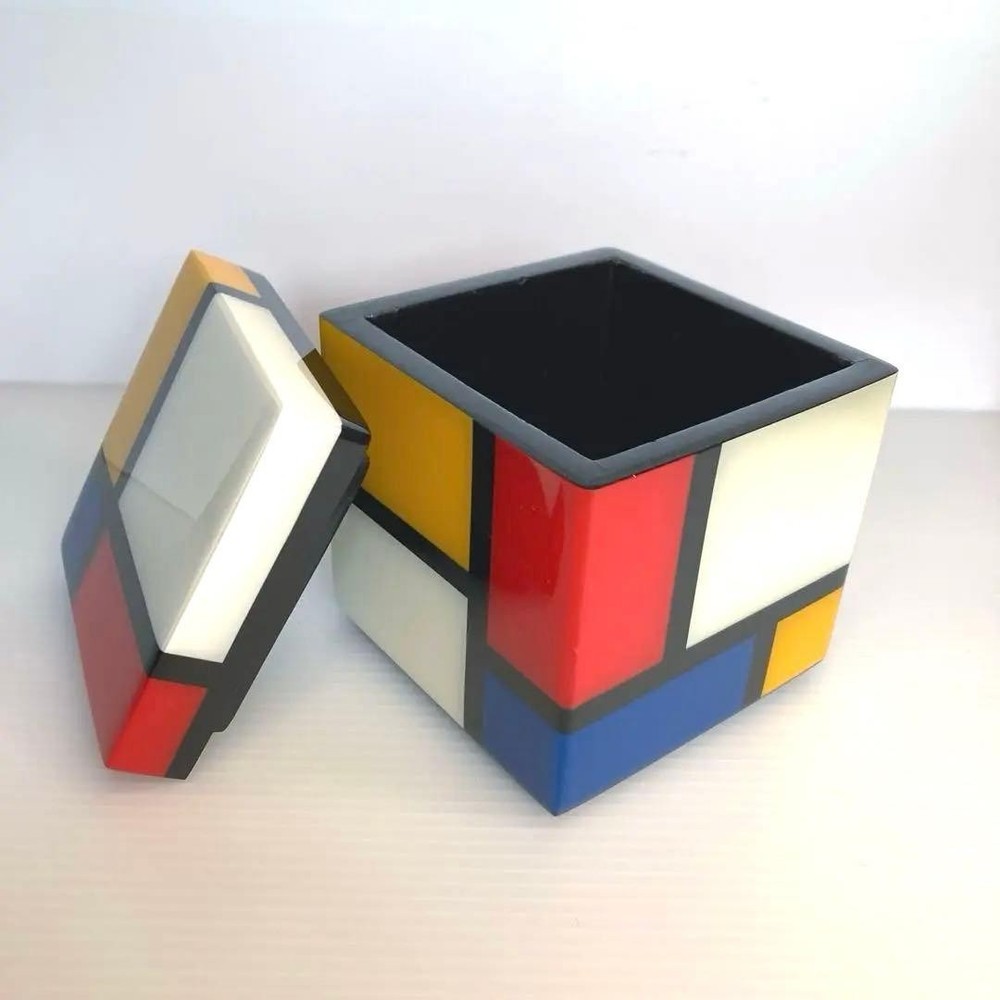 Piet Mondrian Style Wood Cube Jewelry Box – Modern Art Design