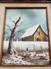 Everet Woodson Vintage Signed Oil Painting Barn Winter Landscape Scene 