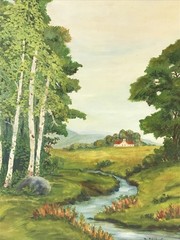 Vtg Original Landscape Painting River Forest Woods Trees Framed Signed MCM FRAME