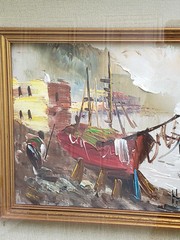 H.PAUL (20th century) Oil on Panel Painting „Boat at Anchor and Fisherman with C