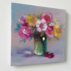 Colorful Floral Bouquet Original Oil Painting Impressionist Still Life Wall Art
