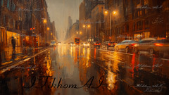 Digital Art Paintings Cityscape Avenue Cars Houses Rain Wallpaper Desktop Decor