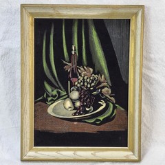 Vintage Black Velvet Still Life Painting Wine Grapes Fruit Framed Wall Art MCM