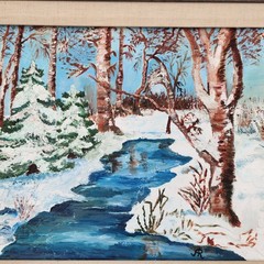 Vintage Winter Landscape Oil Painting Signed JR Birch Stream Forest Framed 20×16