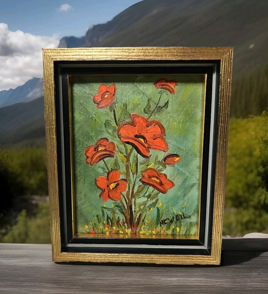 1970’s Oil Painting Red Poppies Flowers Still Life~Minature 4.5″ x 5.5″~Signed