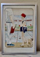 Signed 1984 MJ Morris Watercolor Framed Vintage Artwork „Swim Meet Competition