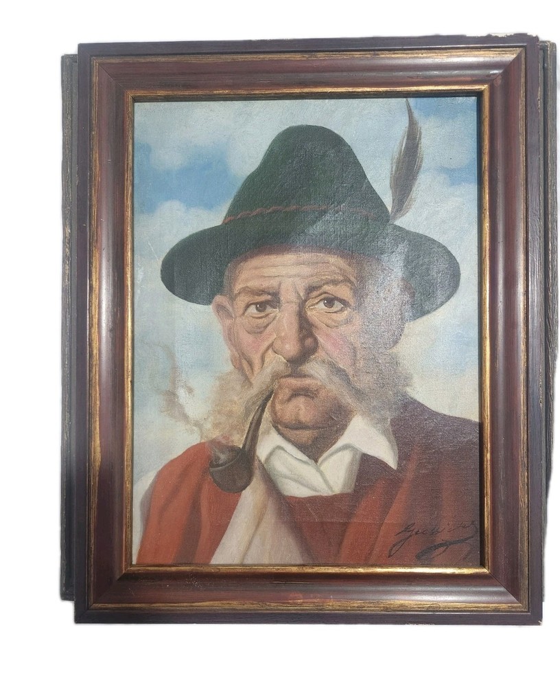 Jeno Gussich CLASSICAL PORTRAIT Pipe Shepherd GENTLEMAN PAINTING Gesso Listed