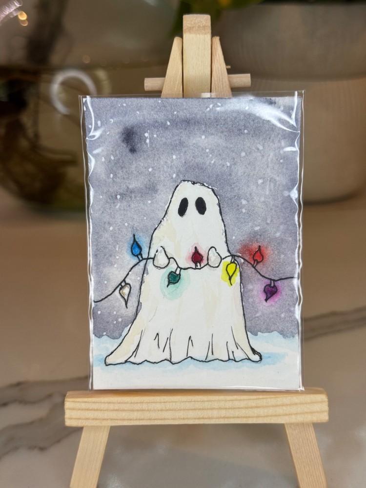 ACEO OOAK acrylic/watercolor portrait Christmas lights ghost by J.Elm.Art