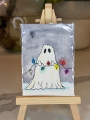 ACEO OOAK acrylic/watercolor portrait Christmas lights ghost by J.Elm.Art