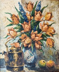 STILL LIFE WITH FLOWERS, KETTLE AND FRUIT, original oil painting